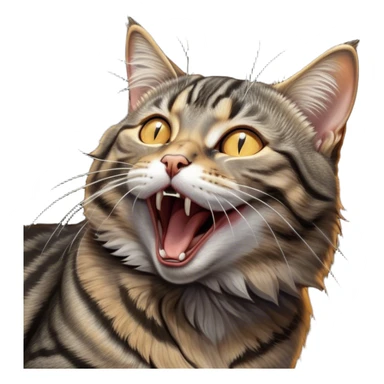 Cinematic Cute Yawning Grey and Black Brown Tabby Cat Portrait Emoji, Head tilted slightly with a dramatic, wide-open yawn, sleek grey-brown fur with dark black tabby stripes, sparkling amber eyes barely open, Simplified yet irresistibly adorable features, highly detailed, glowing with a soft, cozy glow, high shine, relaxed yet expressive, stylized with a touch of whimsy, bright and endearing, soft glowing outline, capturing the essence of a sleepy yet affectionate kitty, so drowsy it feels like it could stretch right out of the screen and curl up for a nap! sticker