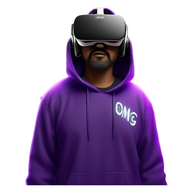 Big Lebowski wearing a black hoodie with "OMG" letters on it and VR headset oculus quest 2 in a cyberpunk VR environment with violet neon lighting. sticker