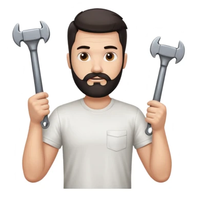  guy who looks very handsome, he has a dark beard, wears a white tee shirt and holds a wrench in one hand and a black hammer in the other hand sticker