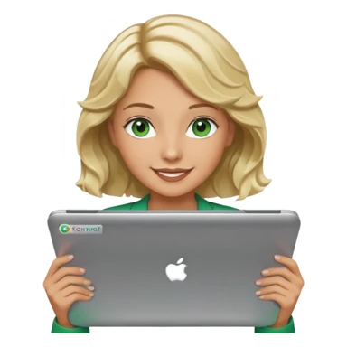 short wavy blonde hair tan skin teacher green eyes woman happy holding chromebook sticker