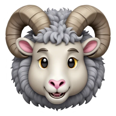 Cinematic Comical Ram Portrait Emoji, Head tilted dramatically with an exaggeratedly amused expression, featuring a striking woolly grey fur with impressively curled horns, wide, expressive dark eyes filled with playful disbelief, Simplified yet hilariously expressive features, highly detailed, glowing with a slightly sassy glow, high shine, dramatic yet playful, stylized with an air of cheeky mischief, bright and endearing, soft glowing outline, capturing the essence of a spirited and over-the-top ram, so meme-worthy it feels like it could butt its way into internet fame instantly! sticker