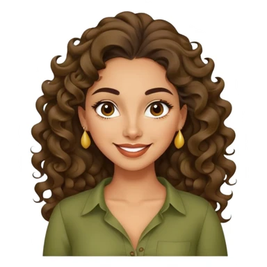 Mujer latina piel canela, cara en forma de pera, cejas definidas, pelo muy largo rizado, peinado hacia atrás con bucles sueltos al frente. Sonrisa amplia, expresión alegre. Blusa verde olivo sticker