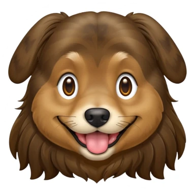 dog face with a long-haired brown and black brindle coat and light brownish gold eyes smiling with tongue hanging slightly out. sticker