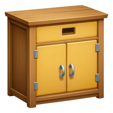 Compact emoji-style icon showing a small wooden cabinet with one door slightly open, a hammer resting beside it, and a plank of wood leaning in the background. Light brown wood tones, silver hammer head, yellow handle. Soft shadows, clean glossy look.  sticker