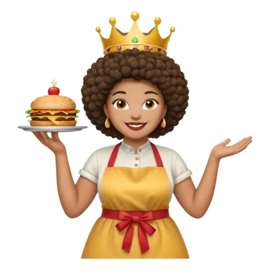 Mujer curvy afro, con vestimenta cómoda y delantal,con una corona sobre su cabeza y sonrisa contagiosa. Entre brazos comida rapida sticker