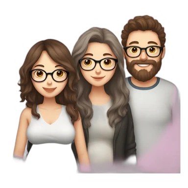 Pregnant girl with half long brown hair with glasses, a boy with long beard, glasses and short hair and english sheepdog sticker