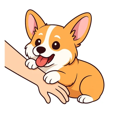 изобразить моего корги, сохранив внешность и телосложение в позе и эмоции как на первом референсе
обхватывает передними лапками человеческую руку и мило прикусывает sticker