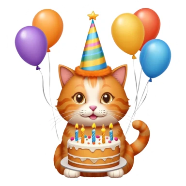 Ginger cat celebrates birthday, birthday hat, birthday cake, balloons, happy sticker