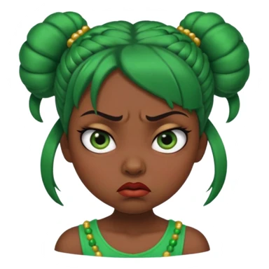 Create a 3D cartoon-style girl character with dark skin, round face, angry expression, big wide eyes, and tightly styled double buns made of green beaded hair. The girl should look irritated, eyebrows sharply angled, and lips pressed in a frown. sticker