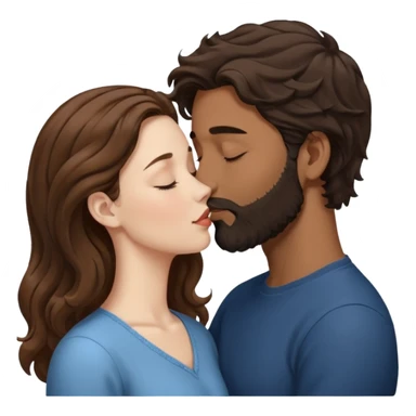 The woman is kissing the forehead of the man, side profile, White woman (brown hair with eyes closed) and brown man with black wavy hair (has a a beard with his eyes closed too). sticker