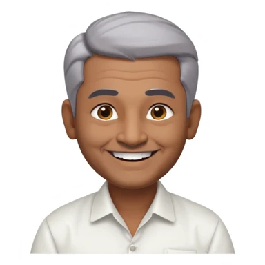 50 yr old indian man, dark skin, grey hair, big smile, white teeth, chubby, no moustache, clean shaven, young style hair, hair brushed back, 5 oclock shadow, bindy on forehead, dress shirt sticker