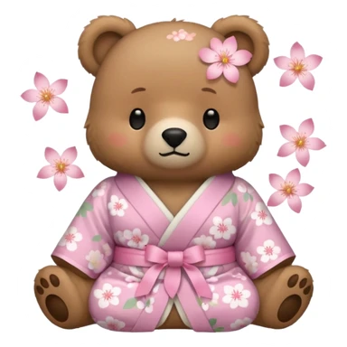 A cute light-brown bear wearing a pastel pink sakura-patterned kimono with a small ribbon on the back, normal balanced head and body proportions, sleepy half-closed eyes, mouth slightly open in a drowsy expression, tiny “zzz” floating near the head, a couple of sakura petals around
 sticker