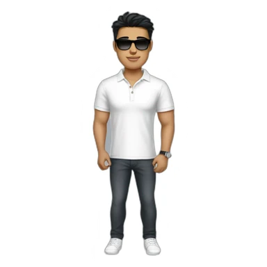A young man,  who looks like bisnessman, wears white polo t-shirt and luxury watches. Black hair, white skin. Wears raybans. Emoji style sticker