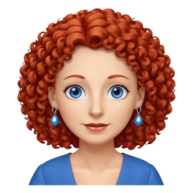 una profesora mayor simpática con el pelo rojo rizado, ojos azules, vestido azul y pendientes azules hablando sticker