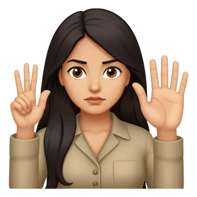 Hispanic woman with long hair, determined, hand out saying “no” sticker