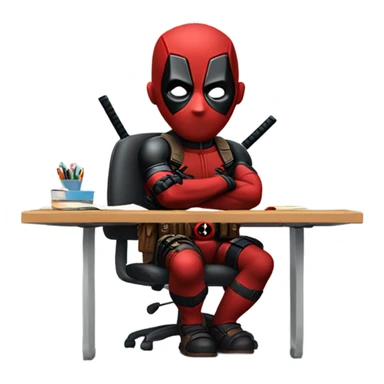 Cute Deadpool sitting at a desk, front view sticker