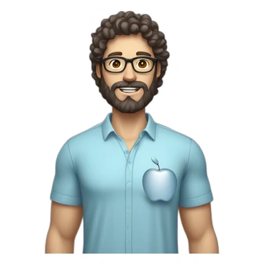 A male nutritionist with a full beard and dark, curly hair and white skin, wearing glasses, holding an apple in his hand. Who has a light blue shirt on. sticker