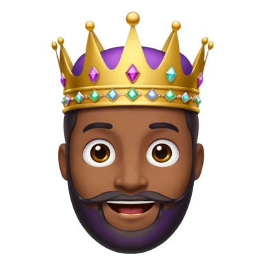 Create a cartoon-style emoji of Baltasar, one of the Three Wise Men. Only show his face and crown. He has a joyful expression, black beard, and a purple and gold crown with jewels. Make it colorful, simple, and suitable as an emoji. sticker