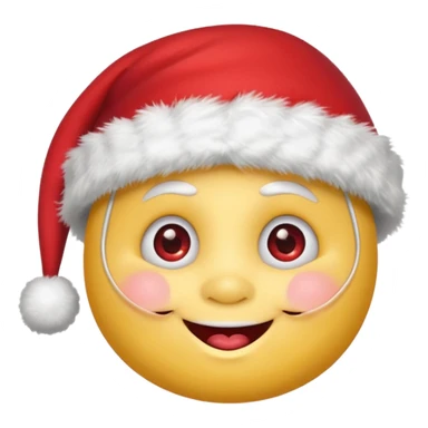 A yellow small smiling face wearing a red Santa hat with a pompom, rosy cheeks and twinkling eyes, conveying a warm, festive vibe. It should be a trolling smile. Like kappa. sticker