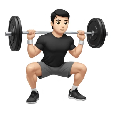 Hombre de cabello negro, tez moreno claro, vestido con playera negra, pants gris y tenis blancos tipo jordan haciendo sentadilla libre con barra con un disco de 20 kilos por lado visto de perfil  sticker