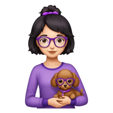Girl with black hair gradient to brown, tortoise shell glasses, purple braces, holding a toy poodle brown dog sticker