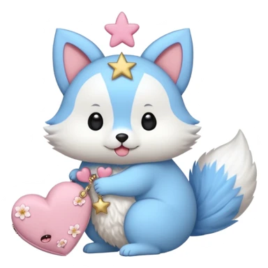GENERATE ME A MOMONGA WHITE ANIMAL  FROM CHIIKAWA AND PUT A SAKURA FLOWER ON HIS HEAD AND A STAR PELT ON HIS BELLY AND A HEART PURSE ON HIS ARM WITH HIS FACE MAKE HIS TOUNGE STICK OUT WITH A LITTLEPINCH OFDROOL AND MAKE HIM ANIME STYLED ART GIVE HIM A BIG BLUE FLUFFY TAIL JUST TAIL sticker