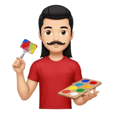generate a pretty fair bratz boy with a long mullet (black hair), mustache, carrying a paint palette in hand and wearing a red tshirt. Lean but biceps sticker