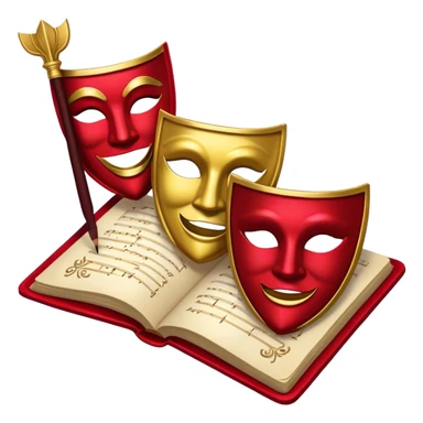 Create a bold and dramatic emoji representing the art of playwriting. The design should feature an open script or a theater playbook, with stylized text lines or dramatic dialogue inside. Include elements like a theatrical comedy and tragedy masks, a stage spotlight, or a writting quill to symbolize creativity and performance. Use deep, contrasting colors like red, black, and gold to evoke the intensity and passion of drama. The overall design should feel dramatic, inspiring, and artistic. Make the background transparent. sticker