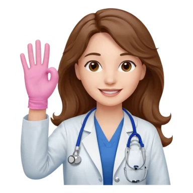 Barbie like emoji of a white woman with brown eyes and long wavy brown hair wearing blue scrubs, white lab coat, pink stethoscope, and raising one hand and a warm smile sticker