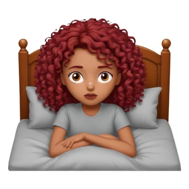 generate a pretty bratz brown skinned girl curly dark red hair, tired in bed in a grey tshirt bored. sticker