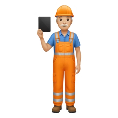 older engineer hi-vis orange overalls standing full body holding a card sticker