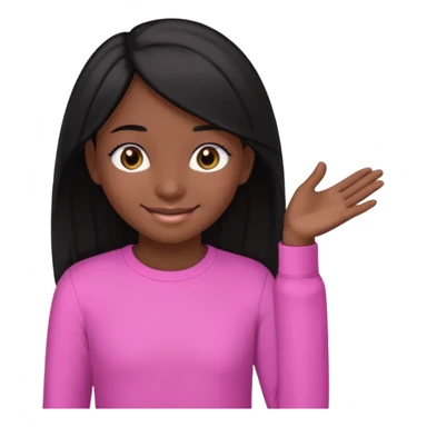 A portrait of a 14-year-old girl, he's got black hair, darkish skin and brown eyes. she's wearing a pink longsleeve. She's smiling a bit sticker