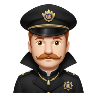 An auburn-hair'ed admiral with a flawless bear and mustache wearing a black admiral outfit and hat with Wolf Ears coming out of the hat, and 9 wolf tails behind him, with the admiral black shirt featuring on the left breast pocket the insignia of Helldivers 2. sticker