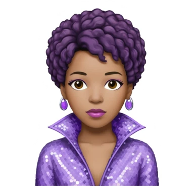 Macy Gray with dark brown hair, pale lavender sequin outfit sticker