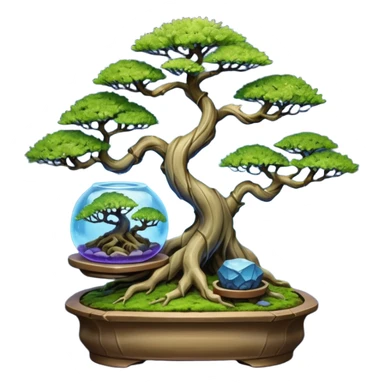 Cracked Futuristic wild glowing space alien moss maples shohin Bonsai hair-pine-leaf group multi faceted intricate hobbit-inspired boxwood purple blue informal rocky cliffhanger eight trees forest planting in shallow willow slab style pot with big animal-like feet  sticker