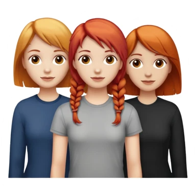 Can you create an image of 3 friends together one with red bright hair light skin one the other with brown hair with some blonde highlights in the hair fair skin the last one with light brown a tint of orange hair and Brown hair sticker