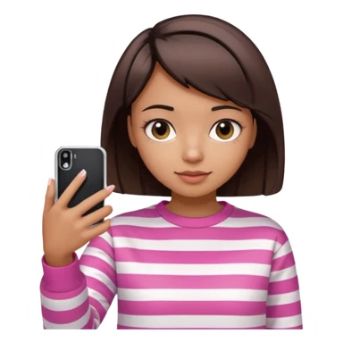 Emoji of a cute 3D girl with short dark brown bob hairstyle, wearing a pink and white striped sweatshirt. She is holding a phone and taking a selfie, white background.

 sticker