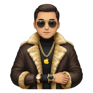 bearded man with slicked back hair, wearing dark sunglasses, a luxurious fur coat over a black turtleneck, gold chains and a watch, minimalist flat design, glossy Apple emoji style, simple facial features, centered full-body icon on white background sticker