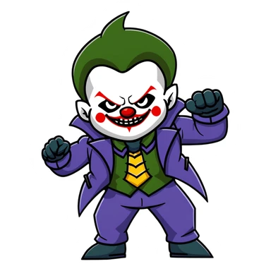 evil clown warrior, bald, small black horns on forehead, fangs, pointed ears, eye patch over one eye, long coat over black and military green leisure suit with bellbottom pants, realistically proportioned, less bulky, full body visible, battle-ready fighting posture sticker
