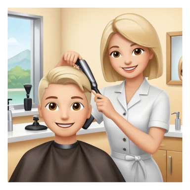 happy woman getting a haircut in a welcoming salon, both client and hairstylist smiling, no threatening elements sticker