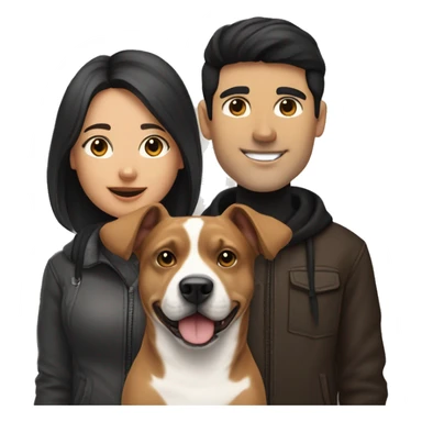 Create an emoji-style image of a young couple: a woman with dark brown hair and a man with black hair. In front of them are two dogs: a small white-and-black dog with black spots on its face and a larger tan pitbull with a white patch on its chest. sticker
