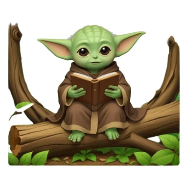 Baby Yoda con su tunica chocolate leyendo en un bosque sentado en una rama caida de un arbol sticker