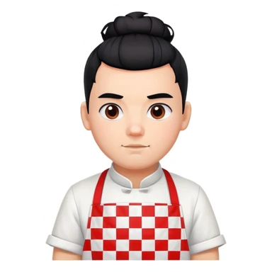 big boy with black hair in a topknot, wearing a white apron with red squares pattern sticker