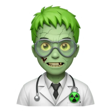 radioactive zombie scientist portrait, head and shoulders only, glowing toxic veins, cracked goggles, lab coat with radiation badge, sinister smile, 3D cartoon, mobile game icon style, clean background, no text, no watermark
 sticker
