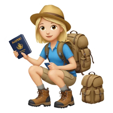 blonder haired Traveler character with passport, backpacker,  sticker