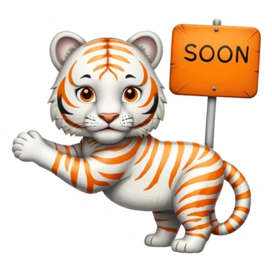 White Tiger. He is holding a sign with SOON - written on it. Let him have 4 paws, not more. sticker