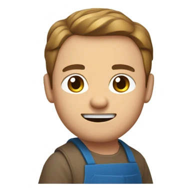 "A sturdy man with rough hands, short light brown hair, and a friendly, naive expression. He wears a work apron over simple clothes and holds a hammer or wood in a rustic workshop." sticker