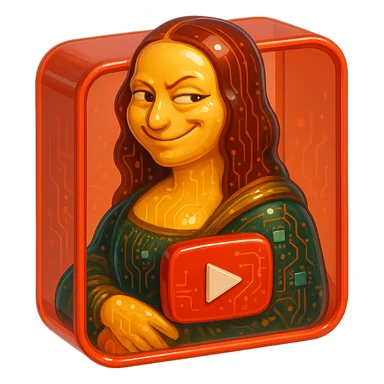 Mona Lisa with a playful sarcastic grin, red YouTube play button, glossy circuit style, in red box sticker