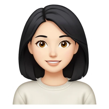 A woman with longer black hair, light to medium skin tone, full cheeks, and almond-shaped eyes, wearing a simple white sweater, joyful and radiant expression, cheerful. sticker