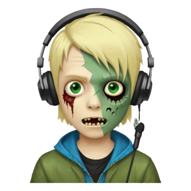 boy zombie whit blonde emo hair and eyes blue and GREEN SKIN and heandphones and a microfone and gold teeth sticker